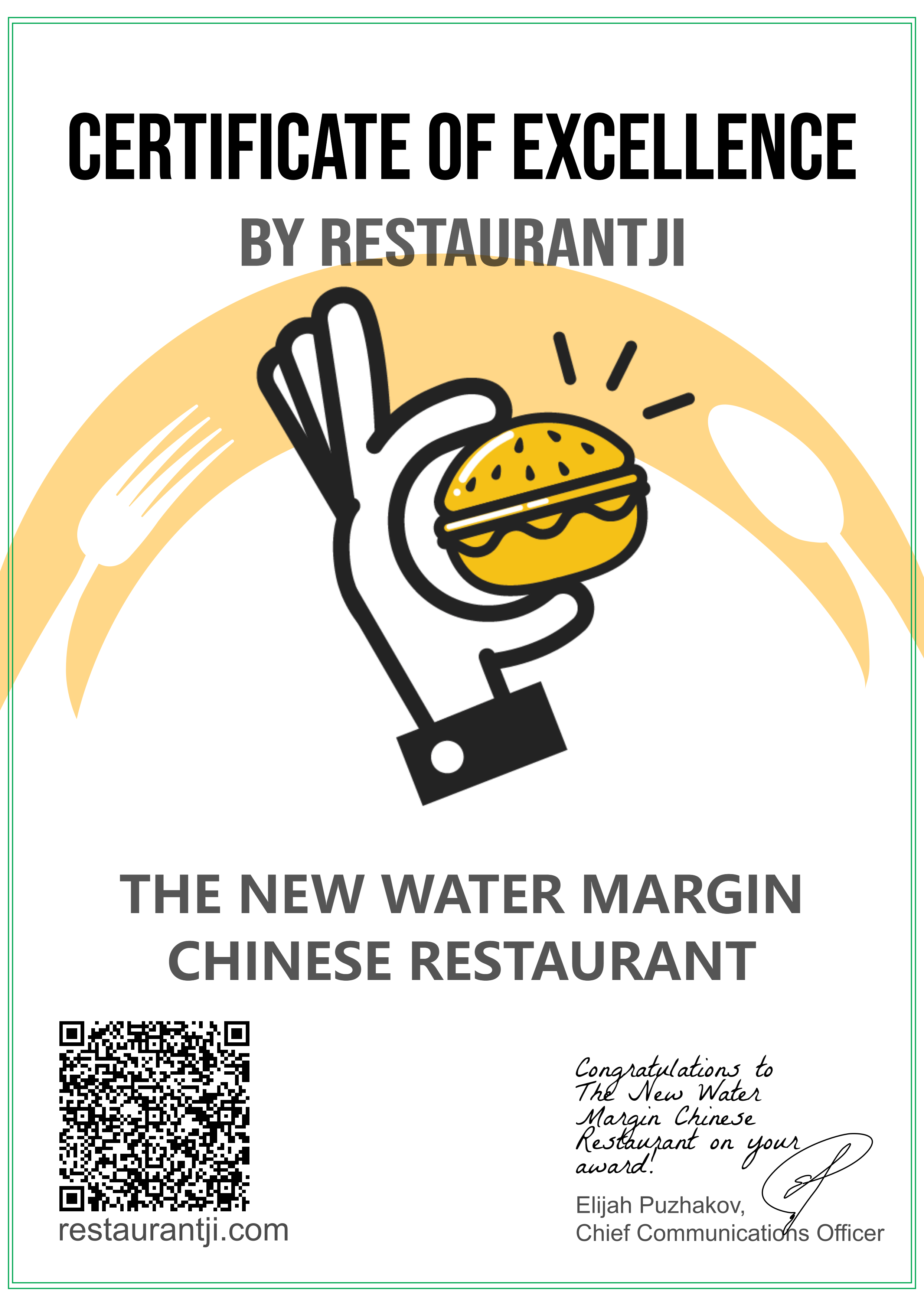 Restaurantji Certificate of Excellence for The New Water Margin Chinese Restaurant